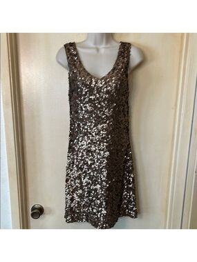 Amber Blue Gold Sequin Scoop Neck Mini Dress Cocktail size L